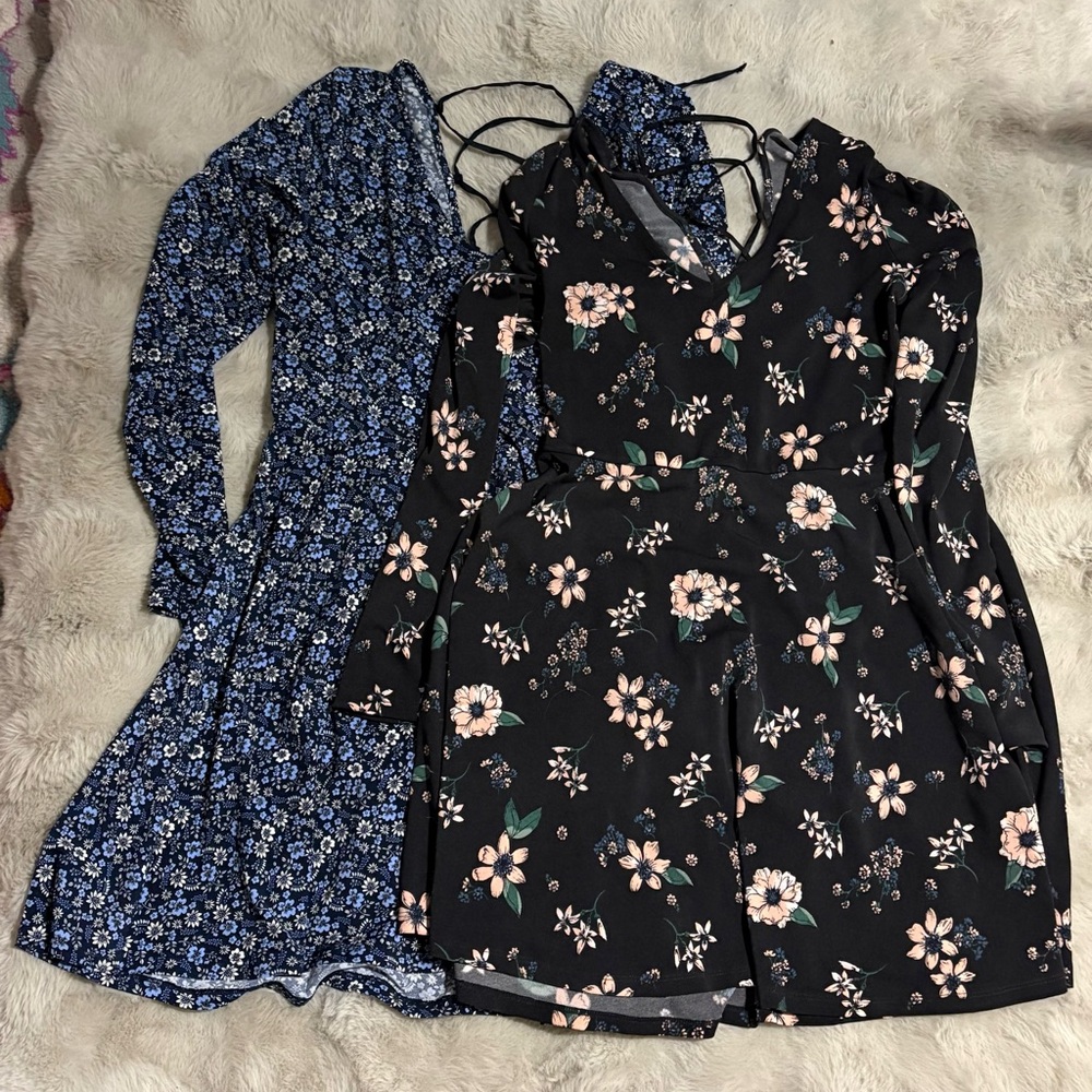 Aeropostale Floral Long-Sleeve Skater Dresses with Lace-Up Back (XL)
